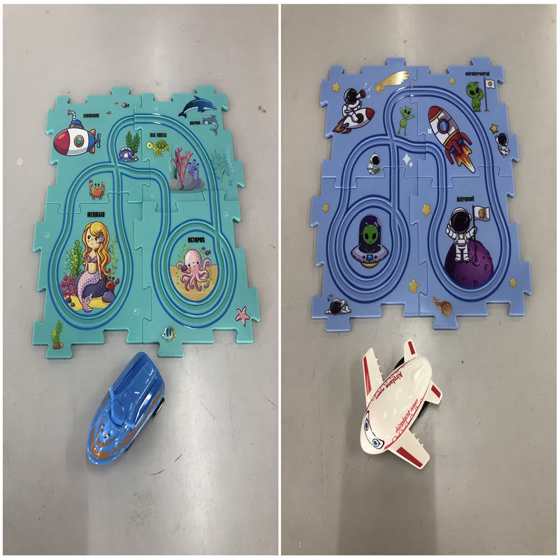 Puzzle infantil de comboio elétrico, brinquedo educativo para montar, com carro elétrico automático, cenário de cidade e carris.