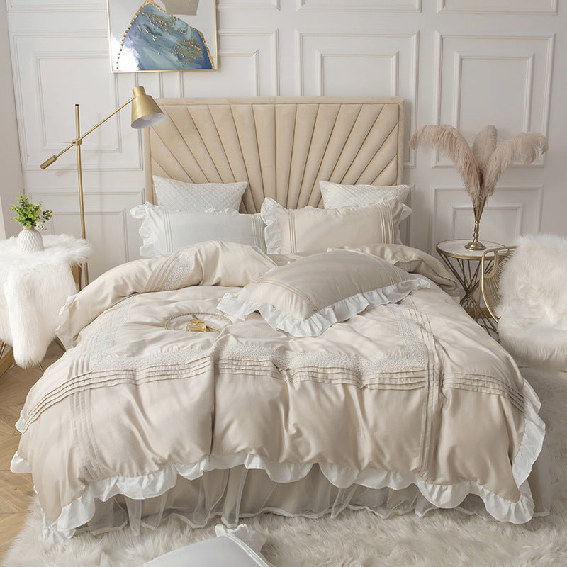 Jupe de lit en dentelle, housse de couette, motif cœur, linge de lit pour fille, style princesse coréenne, housse de couette quatre pièces