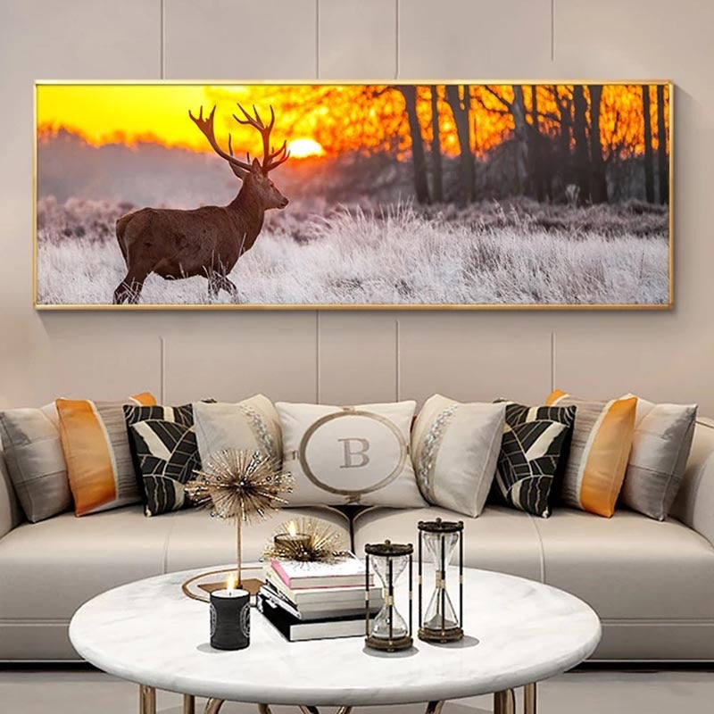 Sunset Landscape Wall Art Poster And Print Deer In Forest Canvas Painting