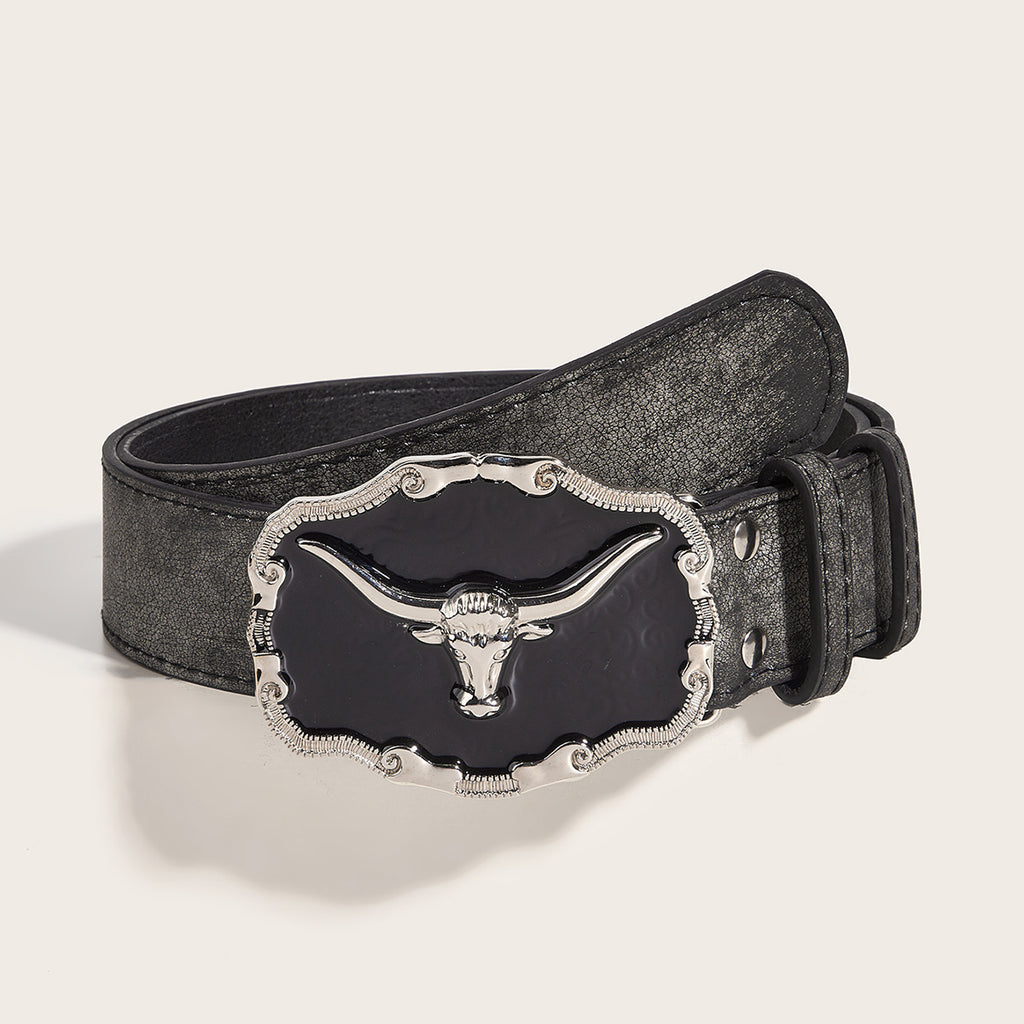 Cinto casual para mulher com fivela de cabeça de gado em resina epóxi, estilo retro e imponente, perfeito para calças de ganga para homem.