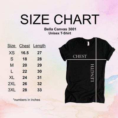 Size chart for Bella Canvas 3001 Unisex T-shirt showing measurements for different sizes.
