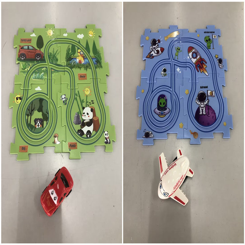 Puzzle infantil de comboio elétrico, brinquedo educativo para montar, com carro elétrico automático, cenário de cidade e carris.