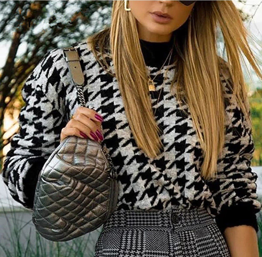 Houndstooth knit casual retro pullover sweater