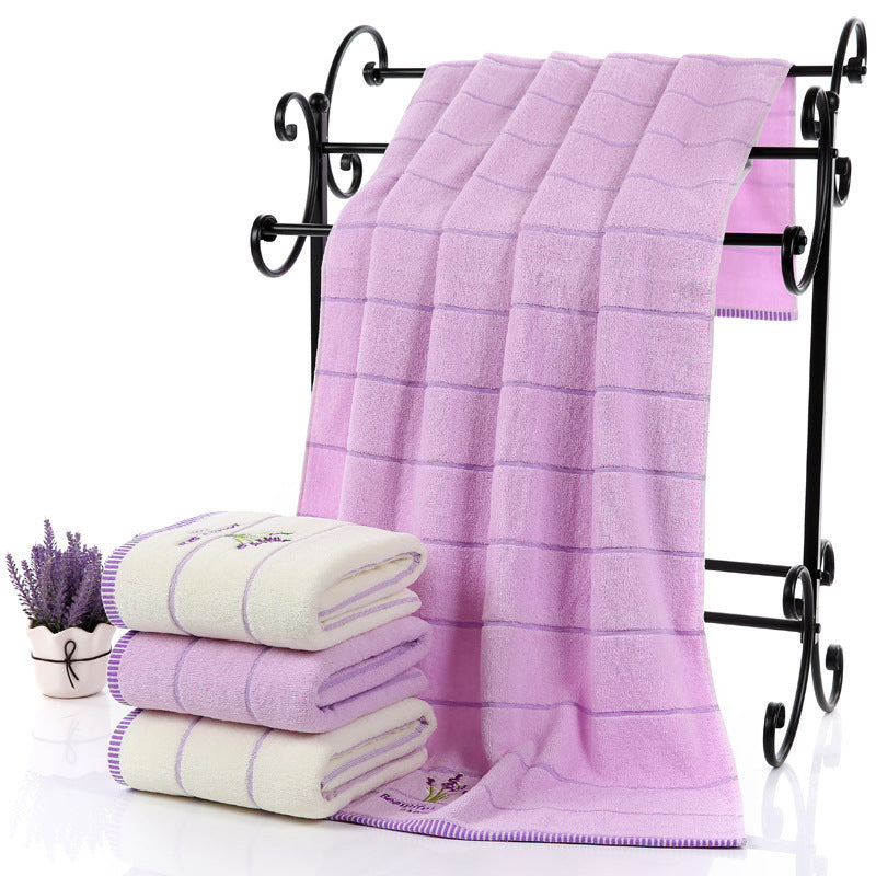 Serviette de bain douce et absorbante à rayures brodées, couleur lavande
