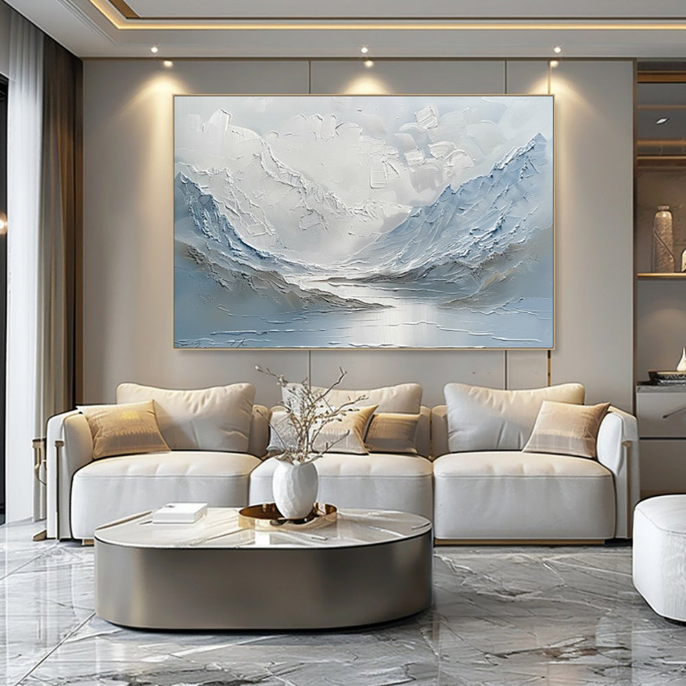 Paysage de montagne et de lac bleu clair et blanc, peint à la main sur une toile épaisse, art mural abstrait à l'huile, peint à la main, pour la décoration intérieure.