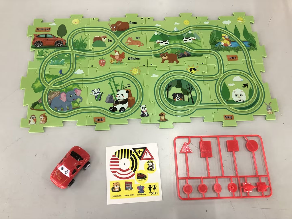 Puzzle infantil de comboio elétrico, brinquedo educativo para montar, com carro elétrico automático, cenário de cidade e carris.