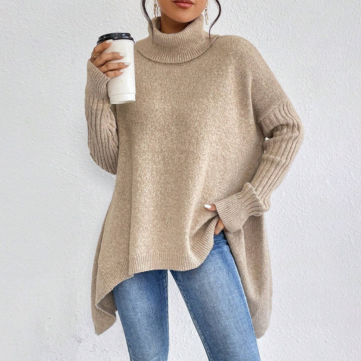Irregular Turtleneck Sweater Winter Loose Long Sleeve Knitted Tops Leisure Warm Pullover Sweater Women's Clothing