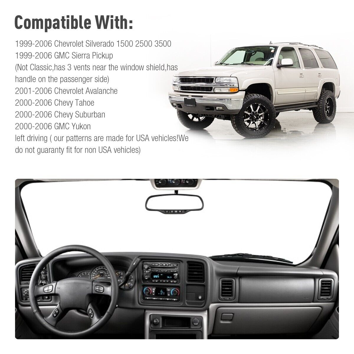 Car Dash Cover Mat Dashboard Pad for Chevy Silverado 1500 2500 Tahoe compatible with models 1999-2006, includes dashboard and vehicle details.