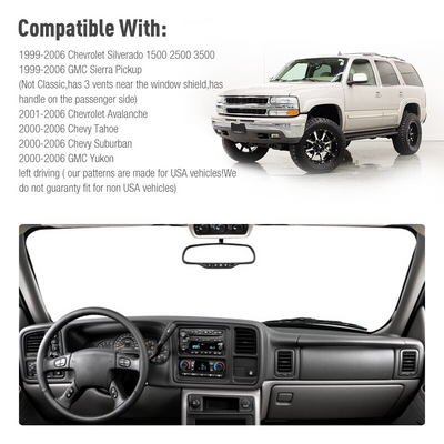 Car Dash Cover Mat Dashboard Pad for Chevy Silverado 1500 2500 Tahoe compatible with models 1999-2006, includes dashboard and vehicle details.