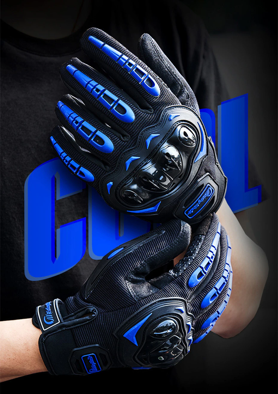 Racing Motorcycle full finger motocross gloves with hard knuckle armor design in black and blue colors.