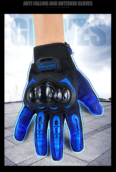 Racing Motorcycle full finger motocross gloves with anti-falling and antiskid features, showcasing a blue and black design.