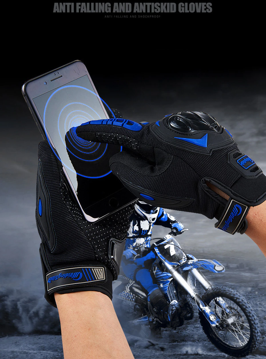 Racing Motorcycle full finger motocross gloves being used to operate a smartphone while riding a dirt bike.