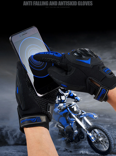 Racing Motorcycle full finger motocross gloves being used to operate a smartphone while riding a dirt bike.