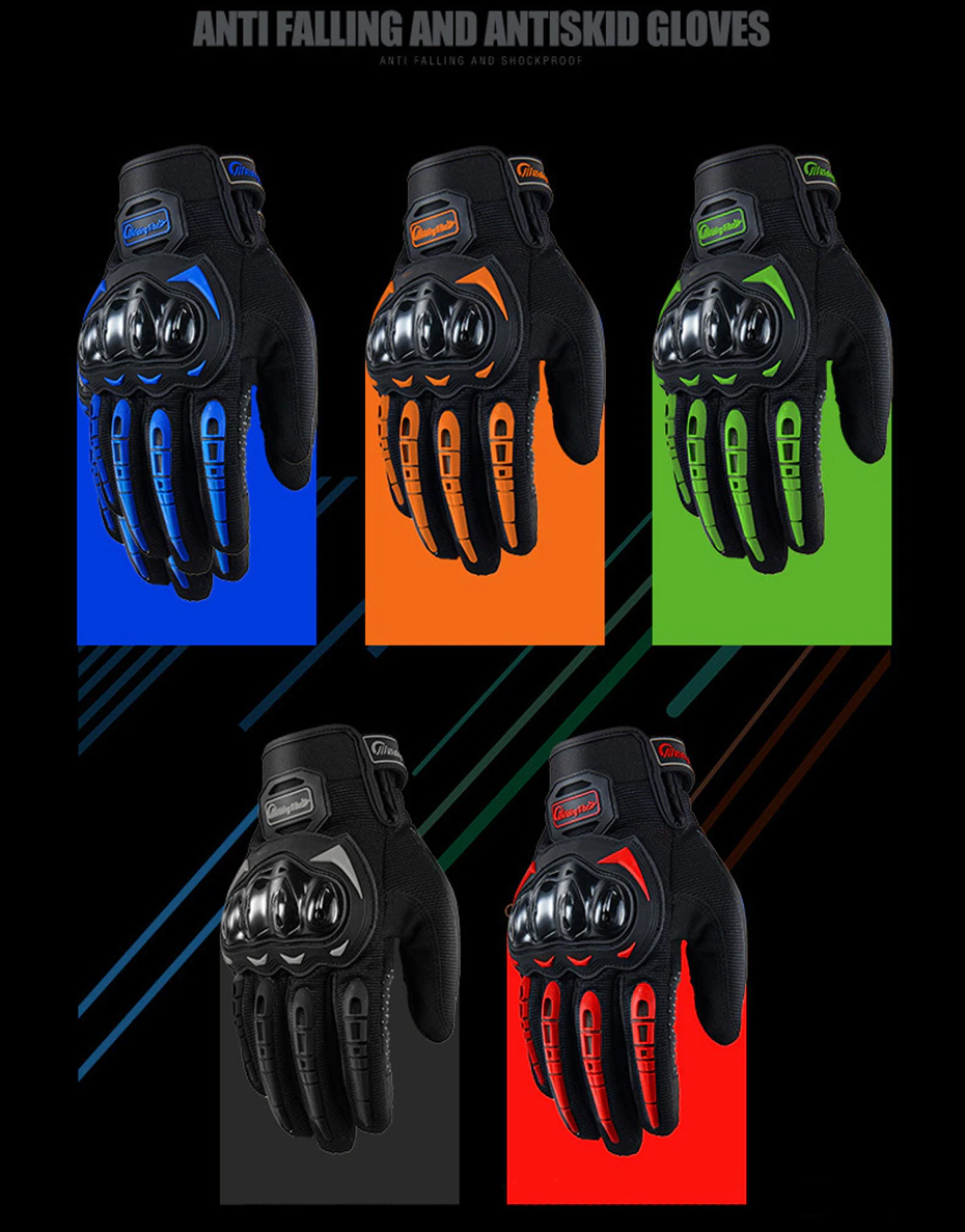 Racing Motorcycle full finger motocross gloves in various colors showcasing hard knuckle protection and anti-skid design.