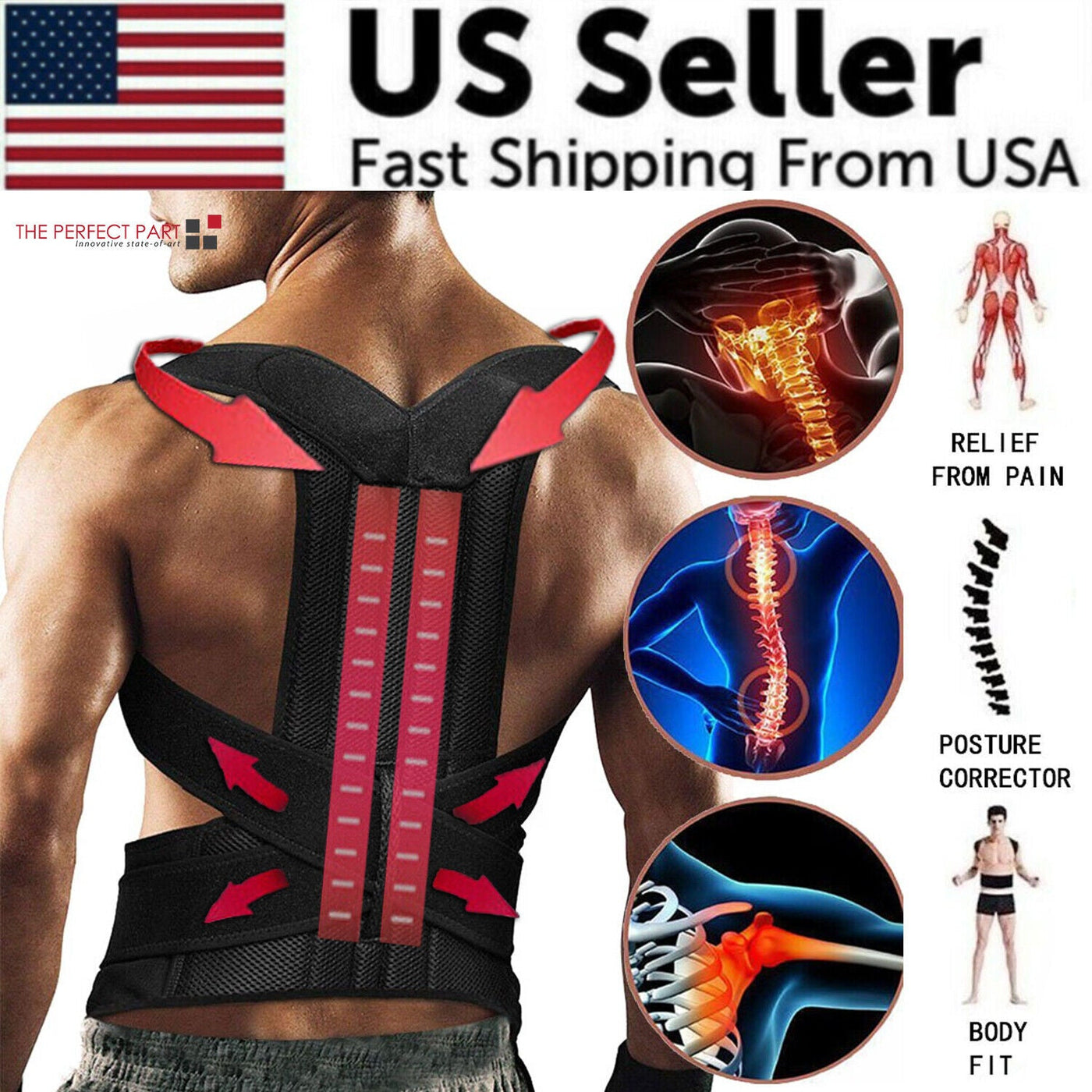 Adjustable posture corrector belt with back support, features relief from pain and improved posture for men and women.