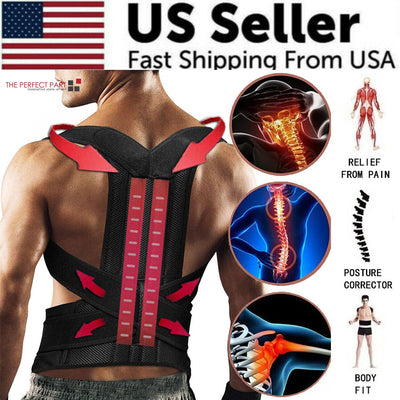 Adjustable posture corrector belt with back support, features relief from pain and improved posture for men and women.