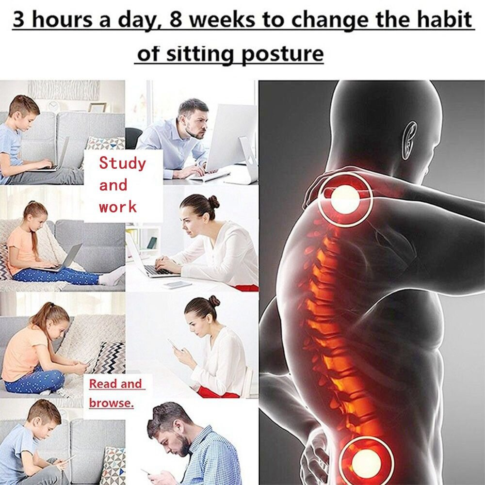 Illustration on improving sitting posture in 8 weeks, showing various activities affecting back health.
