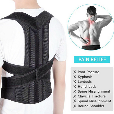 Adjustable posture corrector belt worn by a man for back support and pain relief, addressing poor posture and spinal issues.