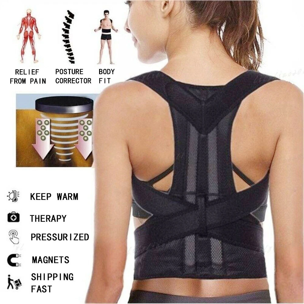 Adjustable posture corrector belt offering relief from pain and improving body posture with a supportive back design.