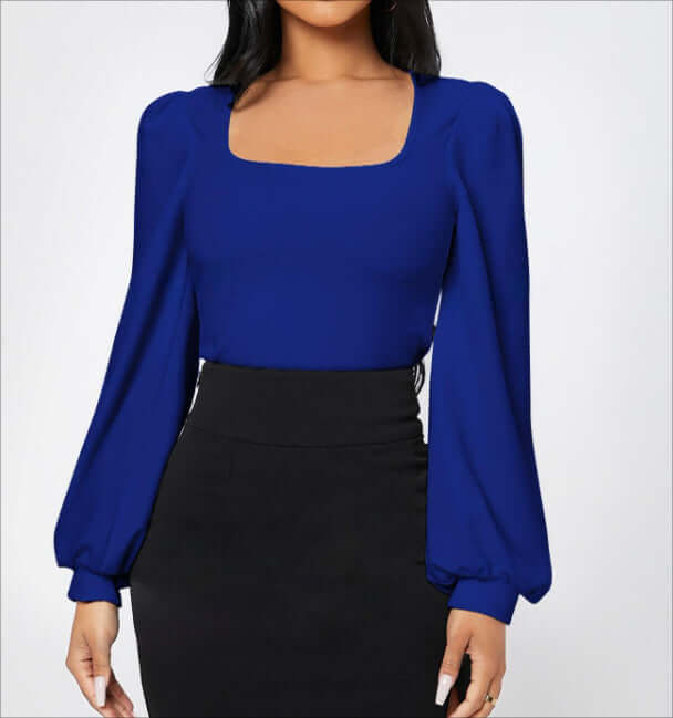 Ladies' Elegant Temperament Versatile Solid Color Long Sleeved Shirt in blue with long sleeves and fitted style.