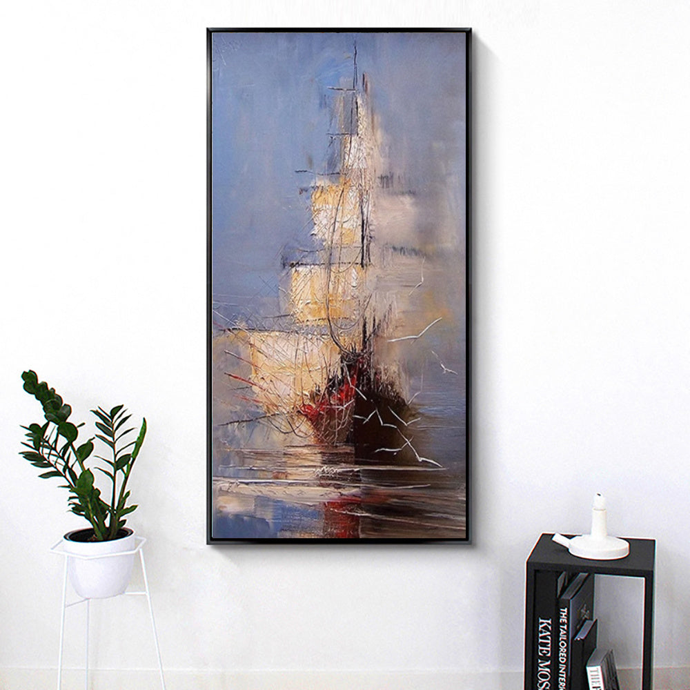 Tableau sur toile représentant un voilier pirate vintage en mer, peint à l'huile à la main, représentant un voilier noir. Décoration murale pour salon.