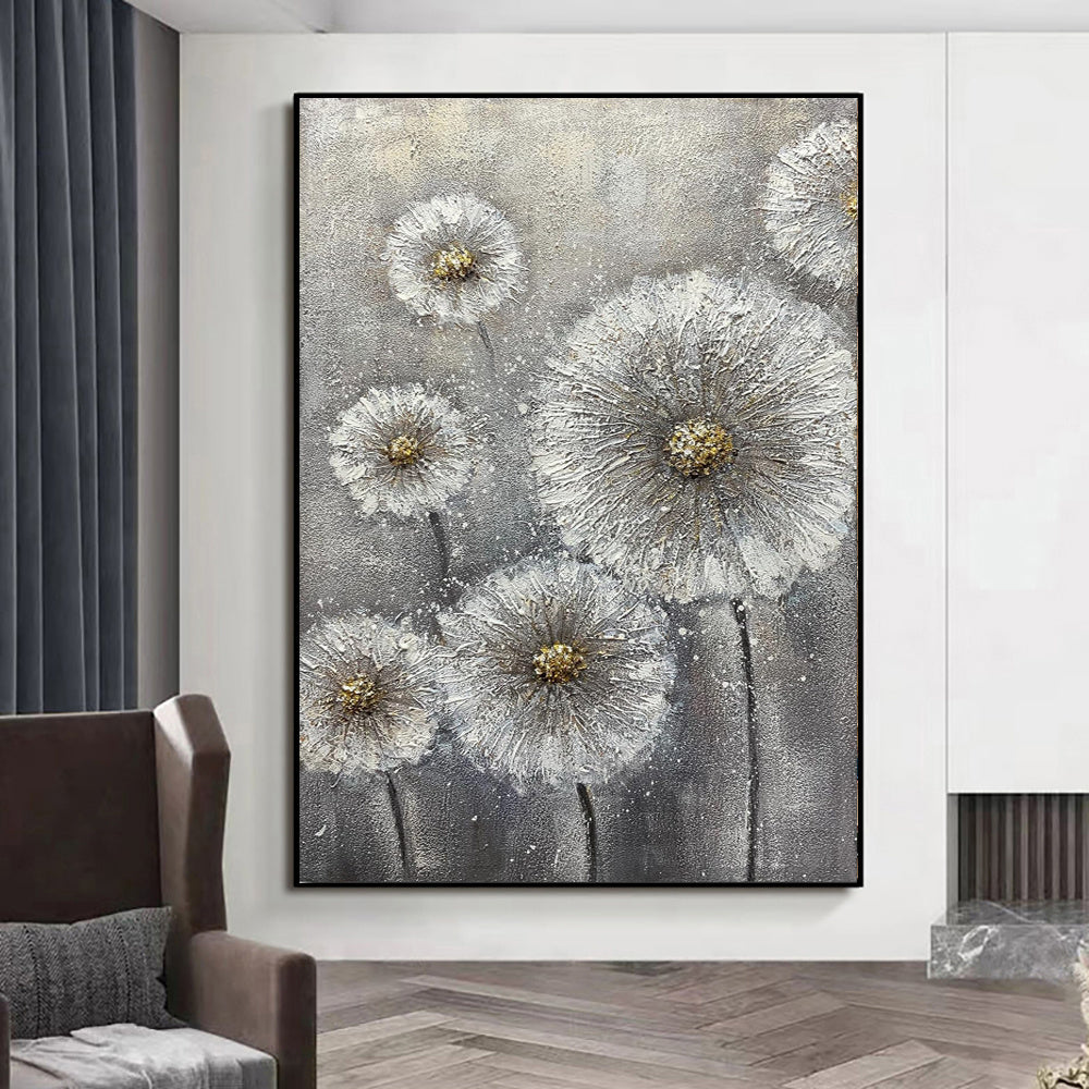 Peinture à l'huile sur toile grise, grande taille, avec une texture authentique et des fleurs blanches, réalisée à la main. Décoration murale idéale pour la maison ou à offrir.