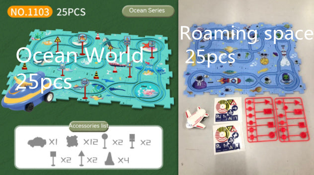 Puzzle infantil de comboio elétrico, brinquedo educativo para montar, com carro elétrico automático, cenário de cidade e carris.