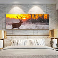 Poster e impressão de arte de parede com paisagem de pôr do sol, pintura em tela de veado na floresta.