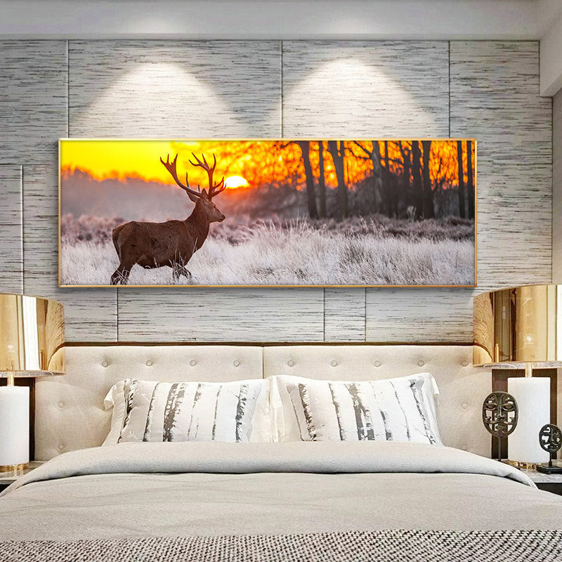 Affiche et impression d'art mural représentant un paysage de coucher de soleil avec des cerfs dans la forêt, peinture sur toile