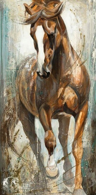 Tableau à l'huile sur toile représentant une course de chevaux nordiques - Affiche animalière