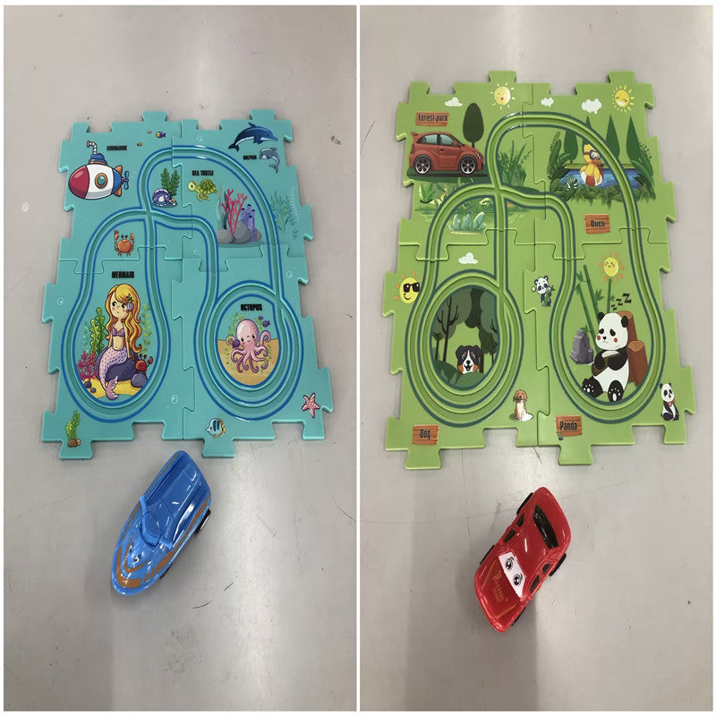 Puzzle infantil de comboio elétrico, brinquedo educativo para montar, com carro elétrico automático, cenário de cidade e carris.