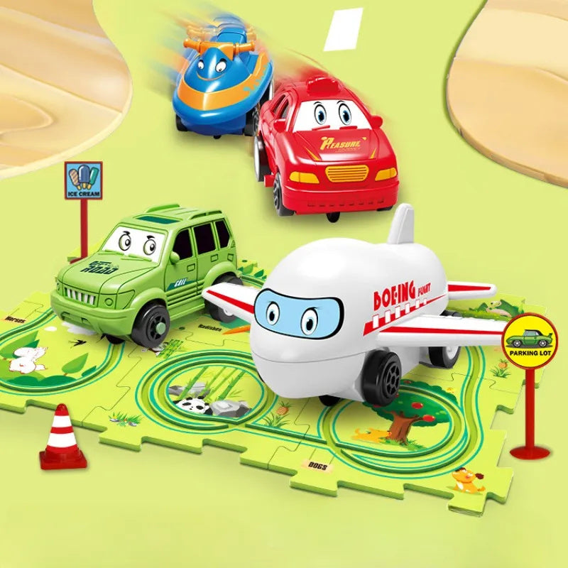 Puzzle infantil de comboio elétrico, brinquedo educativo para montar, com carro elétrico automático, cenário de cidade e carris.