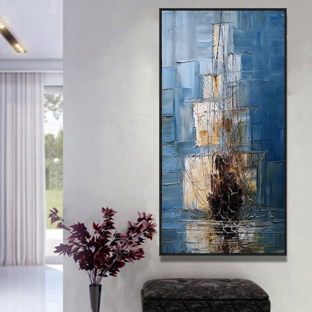 Tableau sur toile représentant un voilier pirate vintage en mer, peint à l'huile à la main, représentant un voilier noir. Décoration murale pour salon.