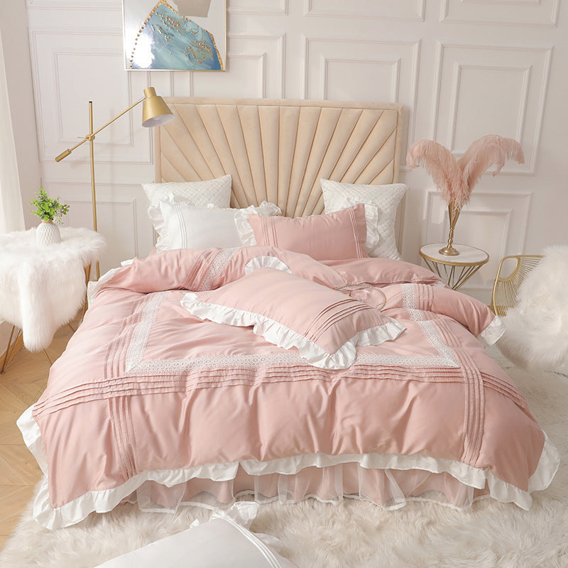 Jupe de lit en dentelle, housse de couette, motif cœur, linge de lit pour fille, style princesse coréenne, housse de couette quatre pièces