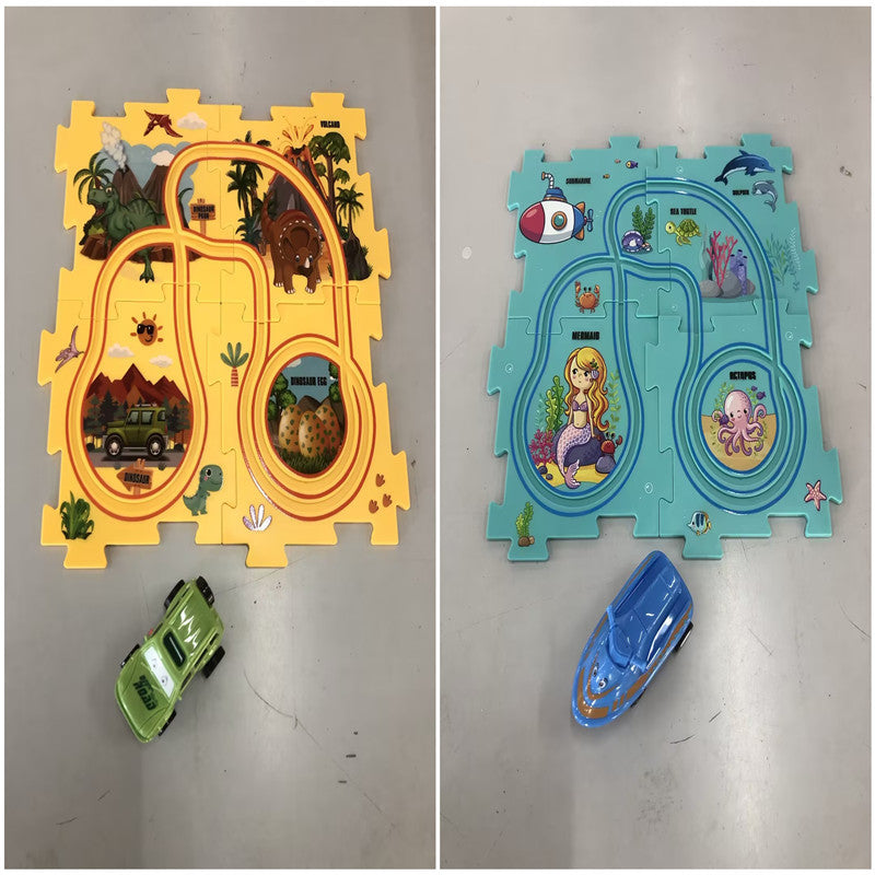 Puzzle infantil de comboio elétrico, brinquedo educativo para montar, com carro elétrico automático, cenário de cidade e carris.