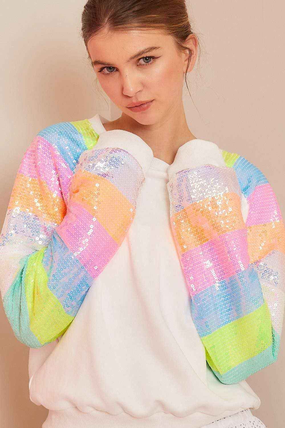 Color Block Sequin Sleeves French Terry Top