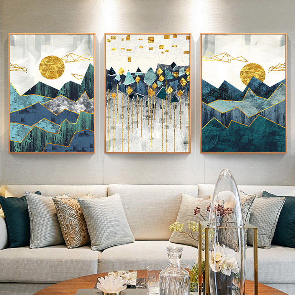 Poster em tela com pintura de paisagem montanhosa geométrica abstrata nórdica