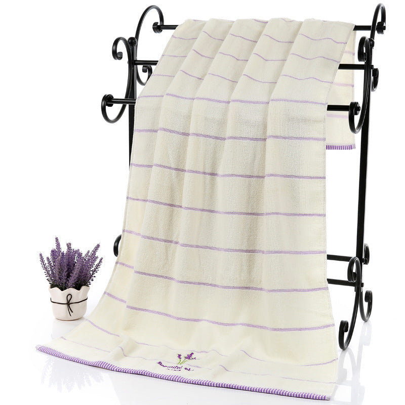 Serviette de bain douce et absorbante à rayures brodées, couleur lavande