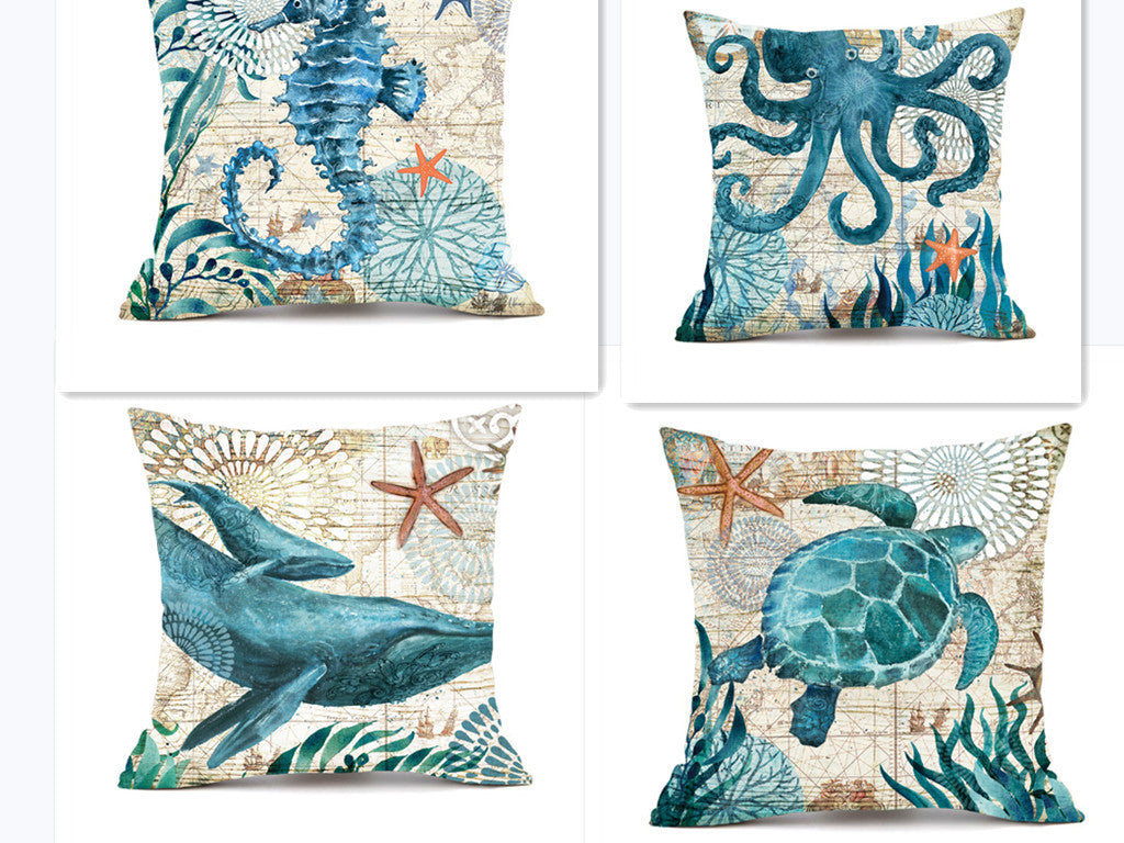 Capas de almofada com estampado de tartaruga marinha para decoração de casa, sofá e cadeirão.