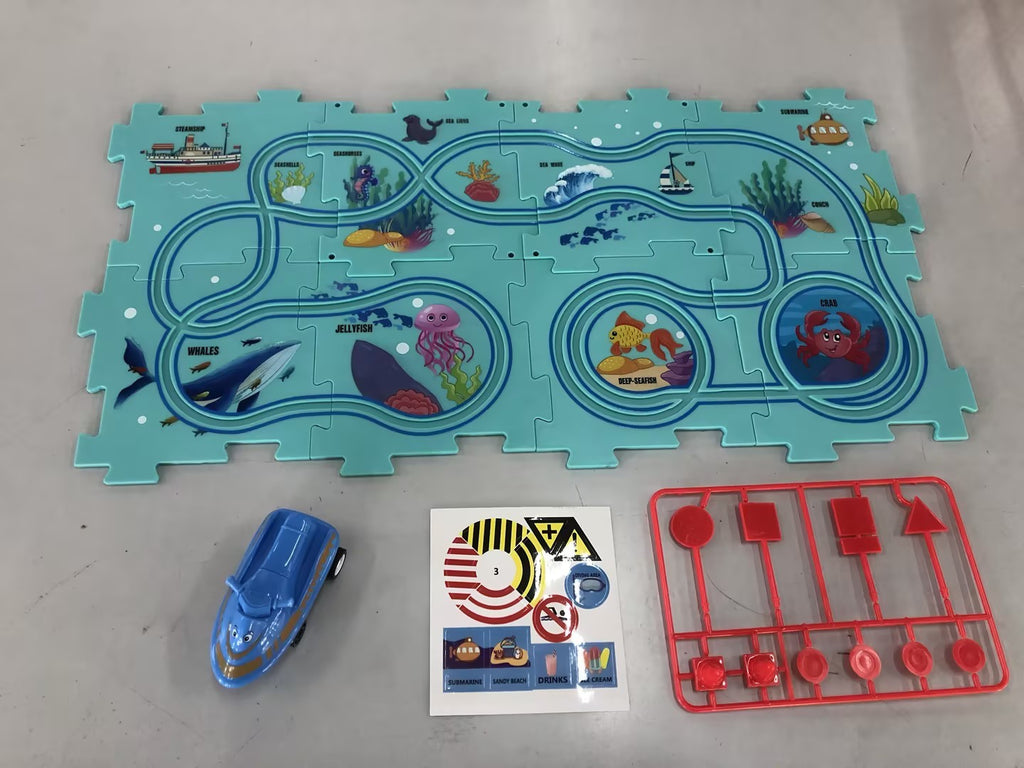 Puzzle infantil de comboio elétrico, brinquedo educativo para montar, com carro elétrico automático, cenário de cidade e carris.