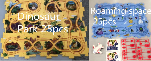 Puzzle infantil de comboio elétrico, brinquedo educativo para montar, com carro elétrico automático, cenário de cidade e carris.