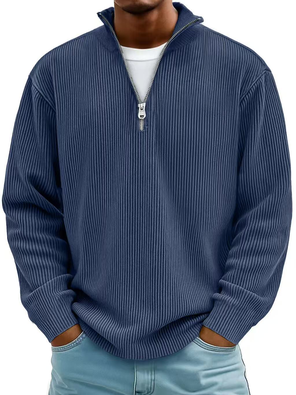 Corduroy Zipper Stand Collar Sweatshirt Fashion Warm Solid Color Long Sleeve Top Men's Casual Polo Shirt Clothing