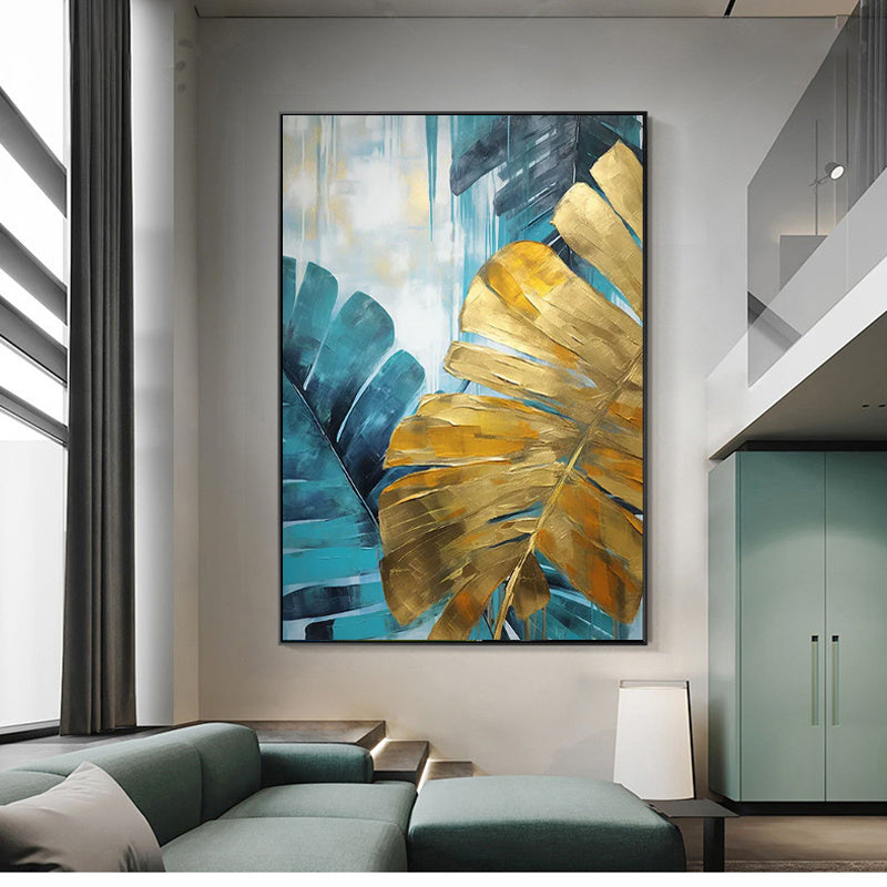Pintura a óleo artesanal sobre tela, decoração de parede com grandes folhas de bananeira verdes e douradas. Ideal para decoração de casa. Pintura enrolada, sem moldura e sem esticar.