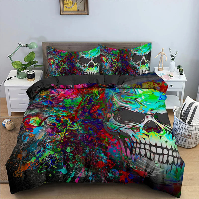 Housse de couette à imprimé tête de mort pour Halloween, style gothique