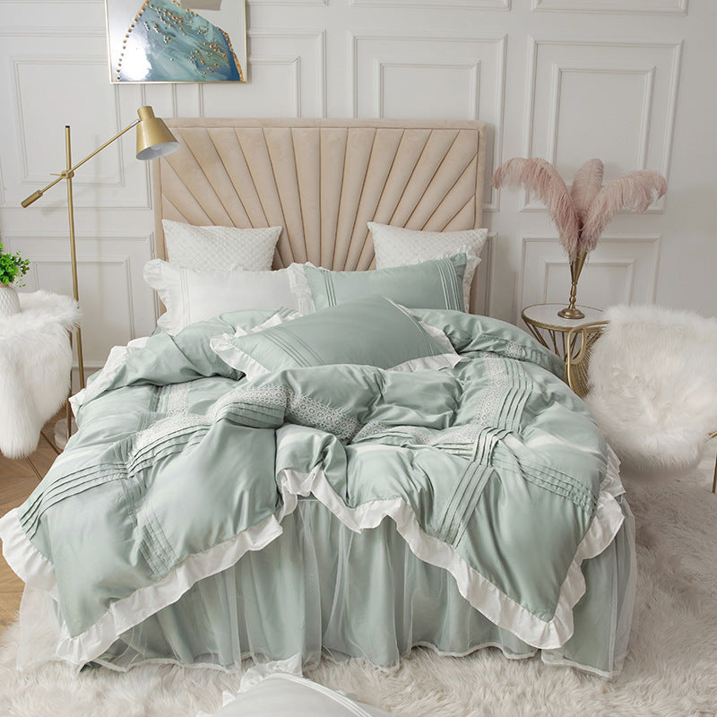 Jupe de lit en dentelle, housse de couette, motif cœur, linge de lit pour fille, style princesse coréenne, housse de couette quatre pièces