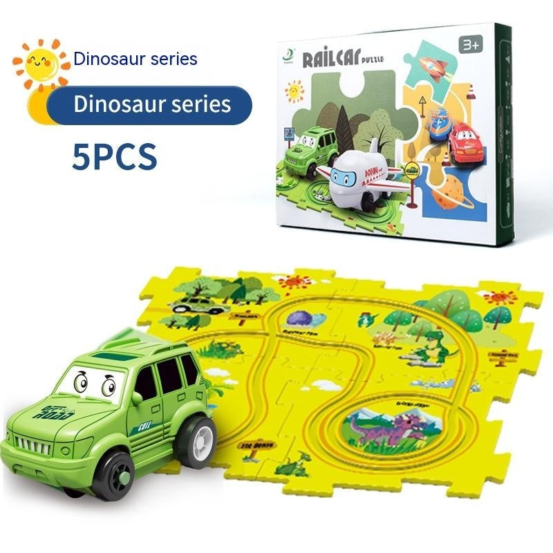 Puzzle infantil de comboio elétrico, brinquedo educativo para montar, com carro elétrico automático, cenário de cidade e carris.