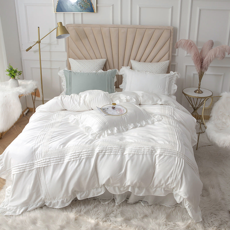 Jupe de lit en dentelle, housse de couette, motif cœur, linge de lit pour fille, style princesse coréenne, housse de couette quatre pièces