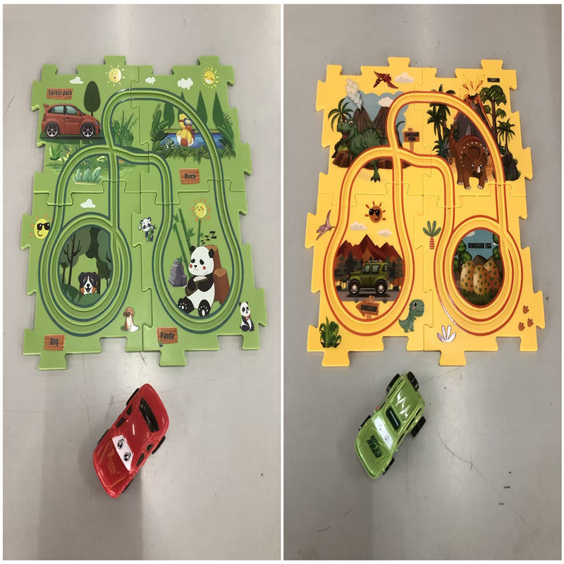 Puzzle infantil de comboio elétrico, brinquedo educativo para montar, com carro elétrico automático, cenário de cidade e carris.
