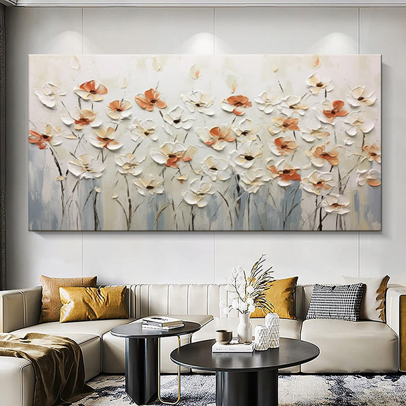 Pintura abstrata à mão com espátula, pequena flor branca, óleo sobre tela, quadro para decoração de parede de sala de estar.