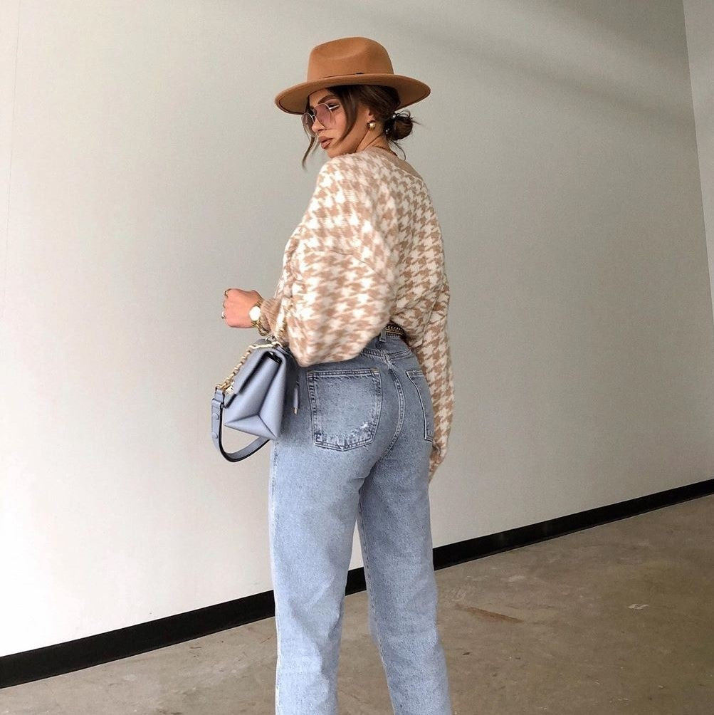 Houndstooth knit casual retro pullover sweater